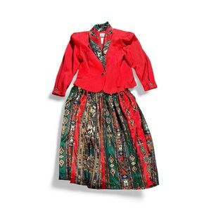 Leslie Fay Red Blazer Suit with Patterned Collar with matching skirt